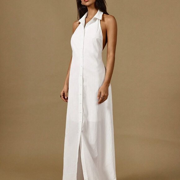 White Elegant Womens Halter Neck Sleeveless Buttoned Waist Line Maxi Shirt Dress - Picture 4 of 7